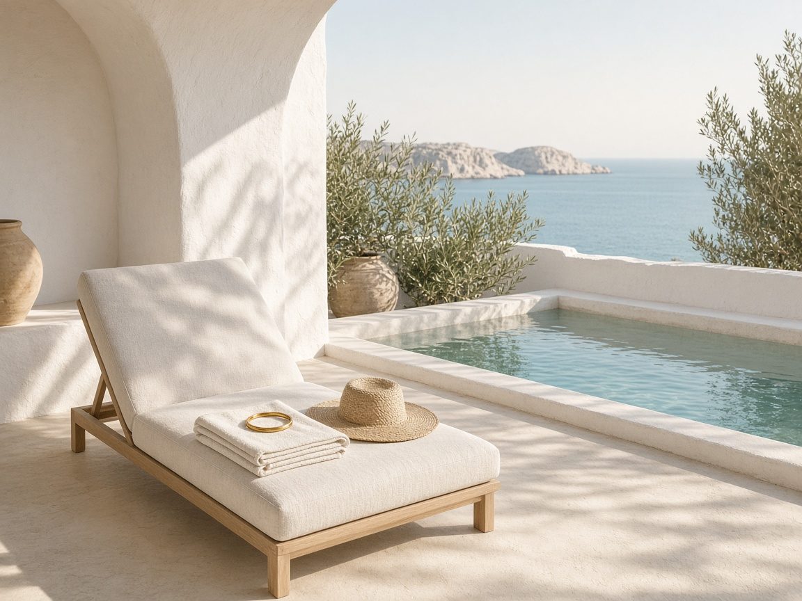 Sunlit villa terrace with pool