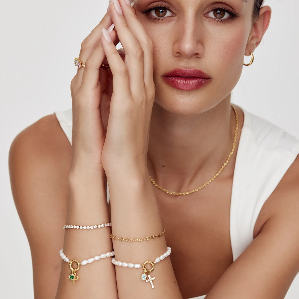 Pearl Birthstone Cross Charm Bracelet