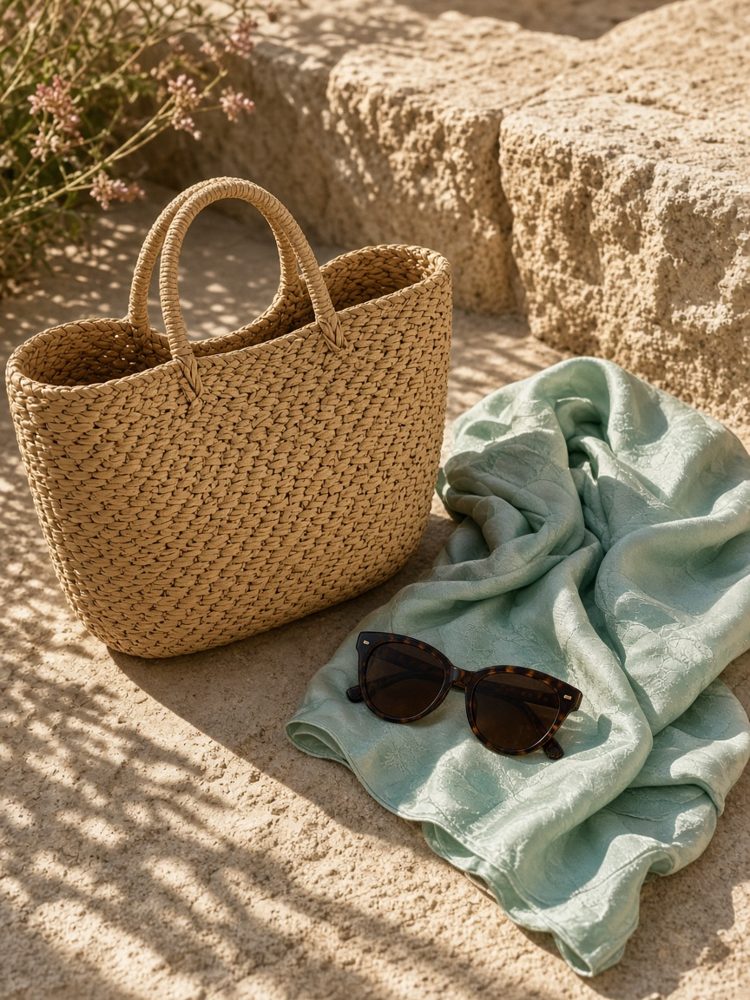 Straw tote, sunglasses and silk scarf